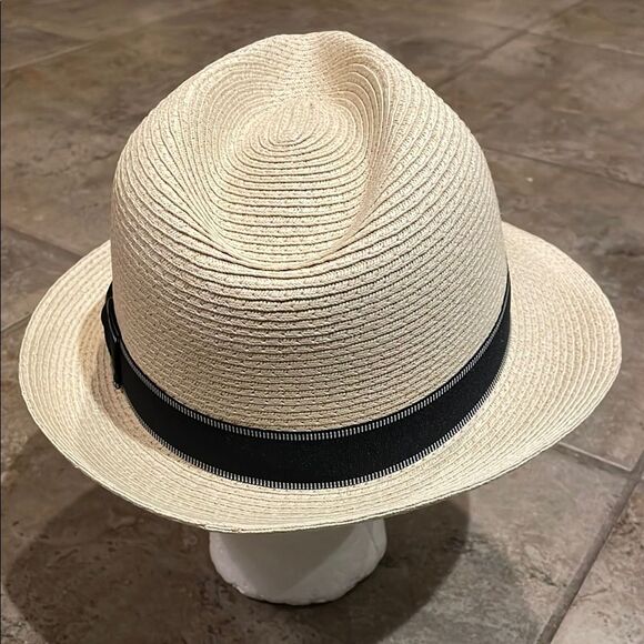 Scala Cream and Black Paper Straw Fedora Hat Mens Size Small/Medium - Picture 8 of 11